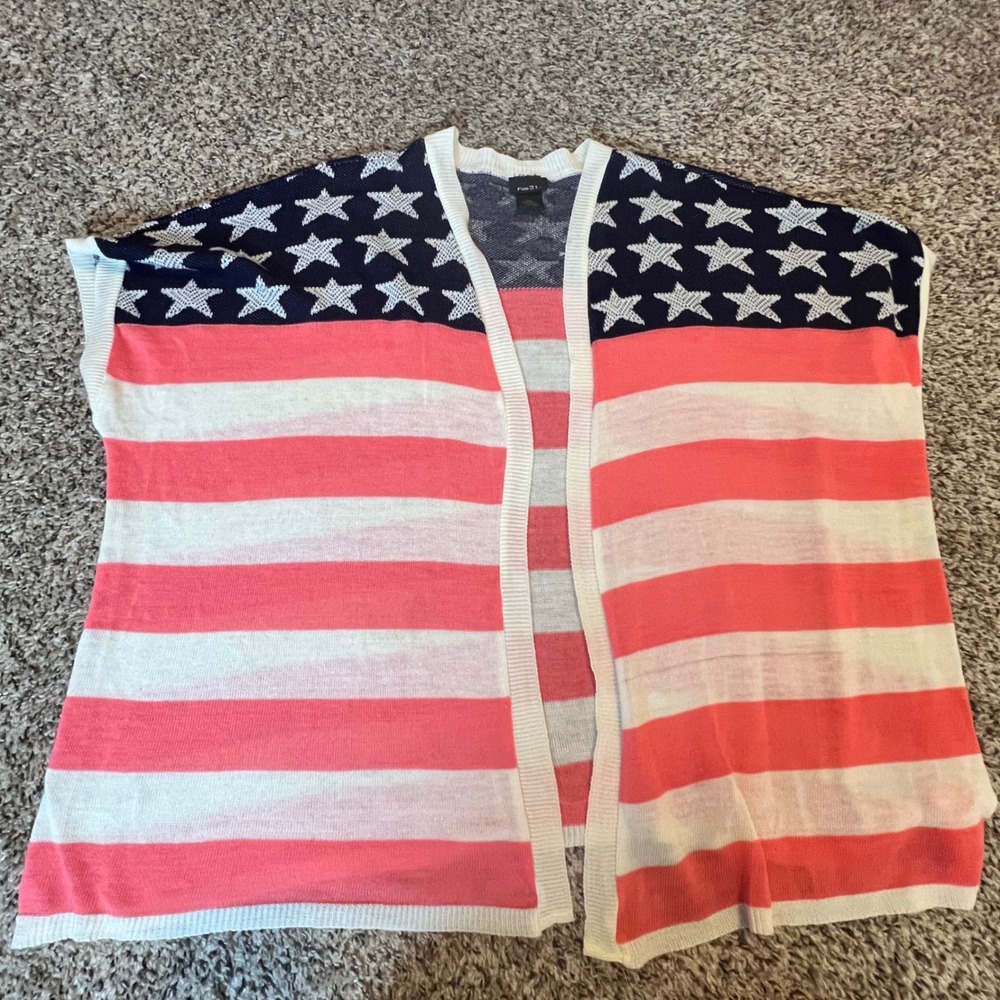 Rue21 Women American Flag Stars Stripes Open Front Knit Vest Red White Blue L/XL